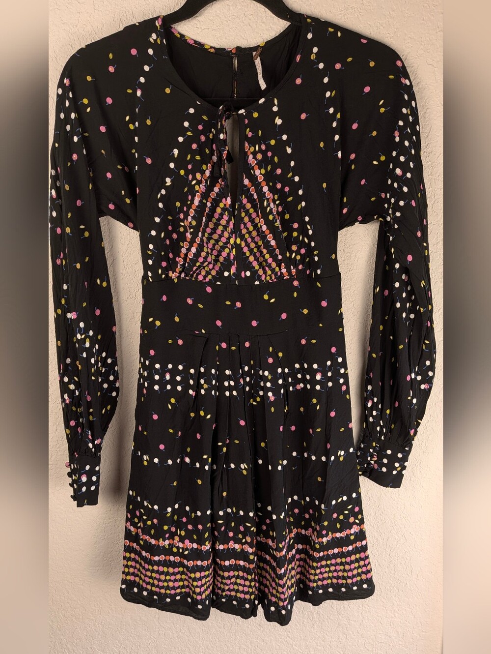 Free People Coryn Open Back Mini Dress Size 2 Woven Lined Long Sleeves Fruit
